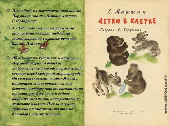 Последней иллюстрированной книгой Чарушина стали «Детки в клетке» С.Я.Маршака. А в 1965 году ему посмертно была присуждена золотая медаль на международной выставке детской книги в Лейпциге.  На всю жизнь художник и писатель Чарушин сохранил детское мироощущение и какой-то ребяческий восторг перед красотой мира природы. Он сам рассказывал о себе:«Я очень благодарен моим родным за моё детство, потому что все впечатления его остались для меня и сейчас наиболее сильными, интересными и замечательными. И если я сейчас художник и писатель, то только благодаря моему детству...