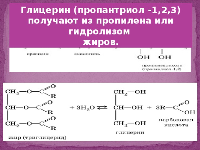Глицерин (пропантриол -1,2,3) получают из пропилена или гидролизом жиров.