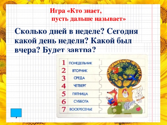 Игра «Кто знает,  пусть дальше называет» Сколько дней в неделе? Сегодня какой день недели? Какой был вчера? Будет завтра?       7