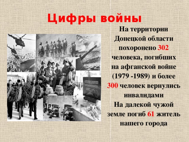 Цифры войны На территории Донецкой области похоронено 302 человека, погибших на афганской войне (1979 -1989) и более 300 человек вернулись инвалидами На далекой чужой земле погиб 61 житель нашего города