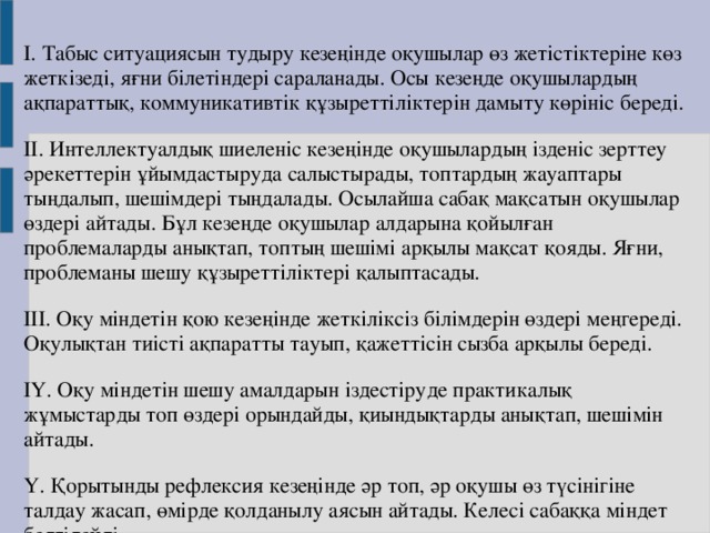 І. Табыс ситуациясын тудыру кезеңінде оқушылар өз жетістіктеріне көз жеткізеді, яғни білетіндері сараланады. Осы кезеңде оқушылардың ақпараттық, коммуникативтік құзыреттіліктерін дамыту көрініс береді. ІІ. Интеллектуалдық шиеленіс кезеңінде оқушылардың ізденіс зерттеу әрекеттерін ұйымдастыруда салыстырады, топтардың жауаптары тыңдалып, шешімдері тыңдалады. Осылайша сабақ мақсатын оқушылар өздері айтады. Бұл кезеңде оқушылар алдарына қойылған проблемаларды анықтап, топтың шешімі арқылы мақсат қояды. Яғни, проблеманы шешу құзыреттіліктері қалыптасады. ІІІ. Оқу міндетін қою кезеңінде жеткіліксіз білімдерін өздері меңгереді. Оқулықтан тиісті ақпаратты тауып, қажеттісін сызба арқылы береді. ІҮ. Оқу міндетін шешу амалдарын іздестіруде практикалық жұмыстарды топ өздері орындайды, қиындықтарды анықтап, шешімін айтады. Ү. Қорытынды рефлексия кезеңінде әр топ, әр оқушы өз түсінігіне талдау жасап, өмірде қолданылу аясын айтады. Келесі сабаққа міндет белгілейді .