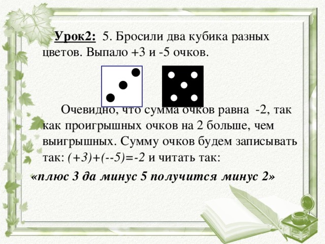 Урок2: 5. Бросили два кубика разных цветов. Выпало +3 и -5 очков.  Очевидно, что сумма очков равна -2, так как проигрышных очков на 2 больше, чем выигрышных. Сумму очков будем записывать так: (+3)+(--5)=-2 и читать так: «плюс 3 да минус 5 получится минус 2»