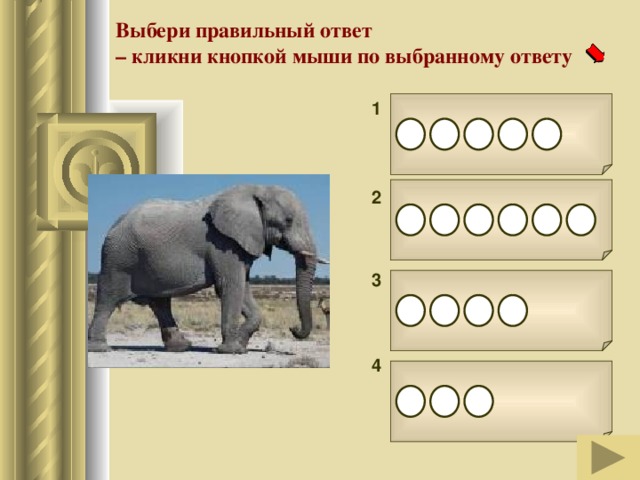 Выбери правильный ответ – кликни кнопкой мыши по выбранному ответу  1       2       3      4