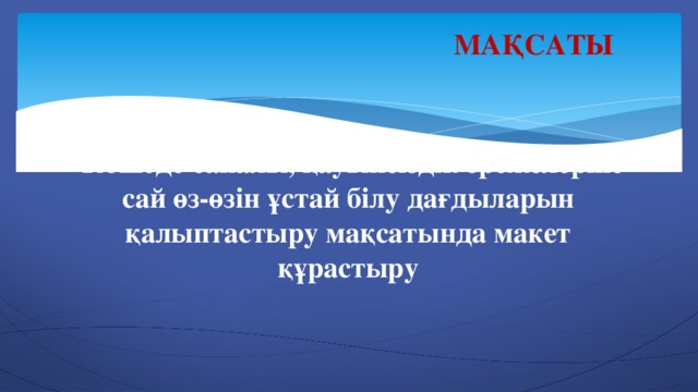 Мақсаты  Көшеде саналы, қауыпсіздік ережелеріне сай өз-өзін ұстай білу дағдыларын қалыптастыру мақсатында макет құрастыру