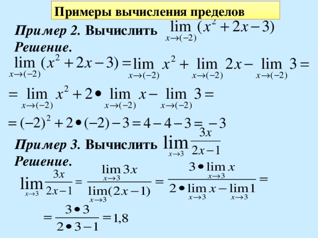 Примеры вычисления пределов Пример 1. Вычислить Решение. Делим числитель и знаменатель дроби почленно на наивысшую из имеющихся степень переменной x , т.е. на x 5 .
