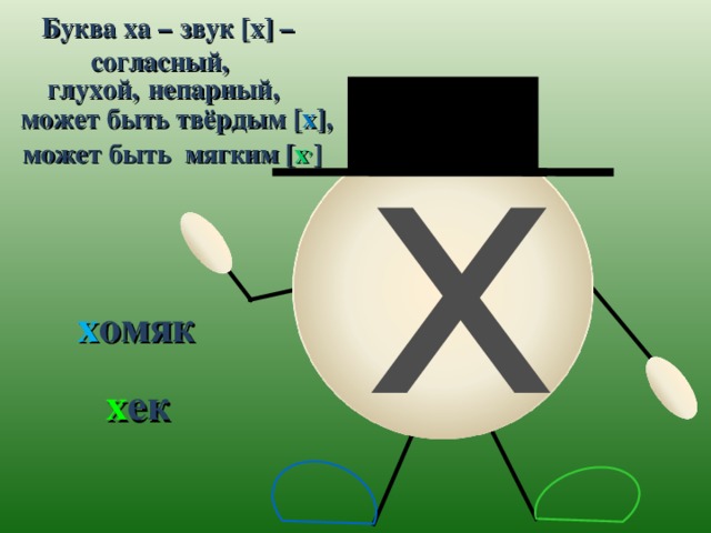 звук [х] – Буква ха – согласный, х непарный, глухой,  может быть твёрдым [ х ], может быть мягким [ х , ] х омяк х ек