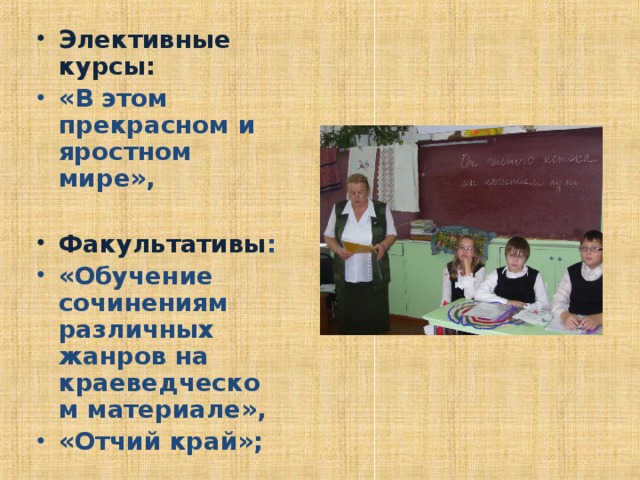 Элективные курсы: «В этом прекрасном и яростном мире»,  Факультативы : «Обучение сочинениям различных жанров на краеведческом материале», «Отчий край»;