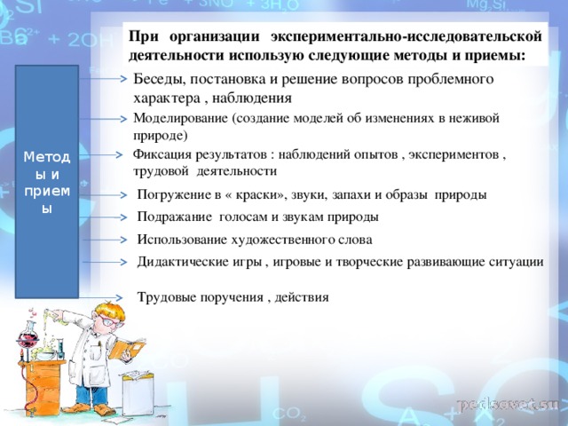 При организации экспериментально-исследовательской деятельности использую следующие методы и приемы: Методы и приемы Беседы, постановка и решение вопросов проблемного характера , наблюдения Моделирование (создание моделей об изменениях в неживой природе) Фиксация результатов : наблюдений опытов , экспериментов , трудовой деятельности Погружение в « краски», звуки, запахи и образы природы Подражание голосам и звукам природы Использование художественного слова Дидактические игры , игровые и творческие развивающие ситуации Трудовые поручения , действия