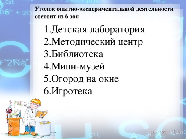 Уголок опытно-экспериментальной деятельности состоит из 6 зон 1.Детская лаборатория 2.Методический центр 3.Библиотека 4.Мини-музей 5.Огород на окне 6.Игротека