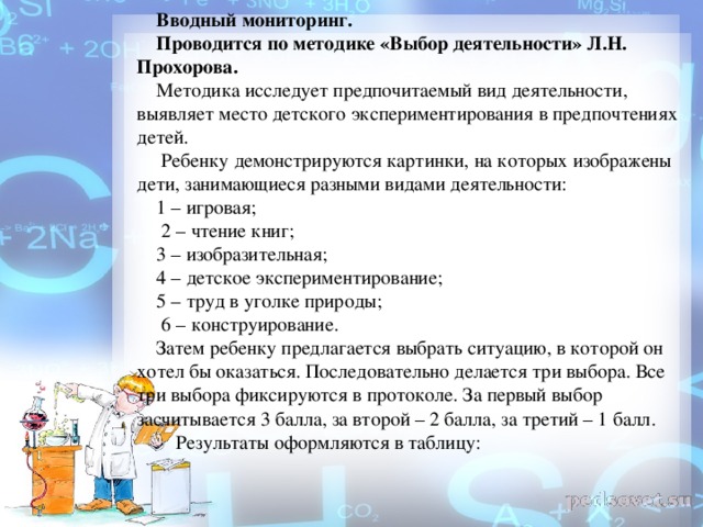 Вводный мониторинг. Проводится по методике «Выбор деятельности» Л.Н. Прохорова. Методика исследует предпочитаемый вид деятельности, выявляет место детского экспериментирования в предпочтениях детей.  Ребенку демонстрируются картинки, на которых изображены дети, занимающиеся разными видами деятельности: 1 – игровая;  2 – чтение книг; 3 – изобразительная; 4 – детское экспериментирование; 5 – труд в уголке природы;  6 – конструирование. Затем ребенку предлагается выбрать ситуацию, в которой он хотел бы оказаться. Последовательно делается три выбора. Все три выбора фиксируются в протоколе. За первый выбор засчитывается 3 балла, за второй – 2 балла, за третий – 1 балл.     Результаты оформляются в таблицу: