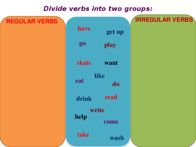 Divide verbs into two groups: IRREGULAR VERBS REGULAR VERBS have get up go play skate want like eat do read drink write help come take wash