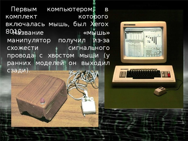 Первым компьютером, в комплект которого включалась мышь, был Xerox 8010. Название «мышь» манипулятор получил из-за схожести сигнального провода с хвостом мыши (у ранних моделей он выходил сзади).