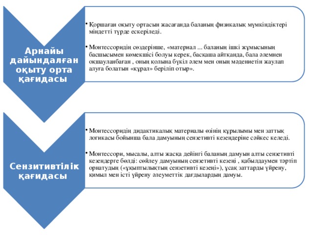 Арнайы дайындалған оқыту орта қағидасы Қоршаған оқыту ортасын жасағанда баланың физикалық мүмкіндіктері міндетті түрде ескеріледі. Қоршаған оқыту ортасын жасағанда баланың физикалық мүмкіндіктері міндетті түрде ескеріледі. Сензитивтілік қағидасы