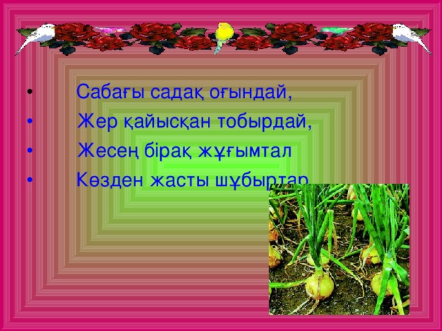 Сабағы садақ оғындай,  Жер қайысқан тобырдай,  Жесең бірақ жұғымтал  Көзден жасты шұбыртар