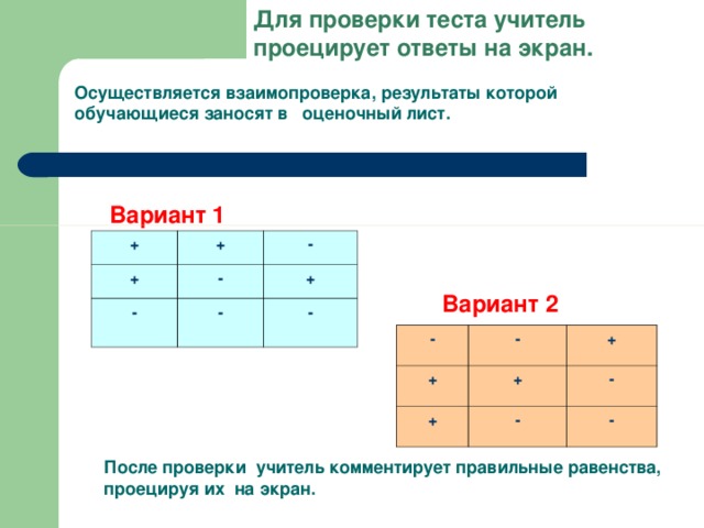 Для проверки теста учитель проецирует ответы на экран. Осуществляется взаимопроверка, результаты которой обучающиеся заносят в оценочный лист.  Вариант 1 + + + - - - + - - Вариант 2 - + - + + + - - - После проверки учитель комментирует правильные равенства, проецируя их на экран.