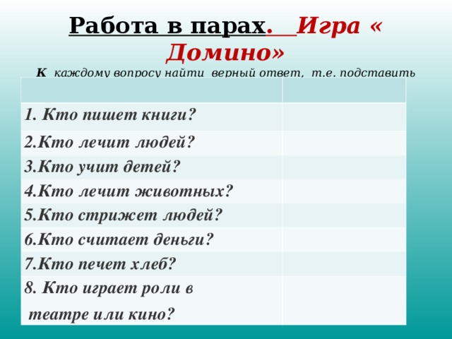 Работа в парах .  Игра « Домино»  К каждому вопросу найти верный ответ, т.е. подставить нужную карточку   1. Кто пишет книги? 2.Кто лечит людей? 3.Кто учит детей? 4.Кто лечит животных? 5.Кто стрижет людей? 6.Кто считает деньги? 7.Кто печет хлеб? 8. Кто играет роли в  театре или кино?