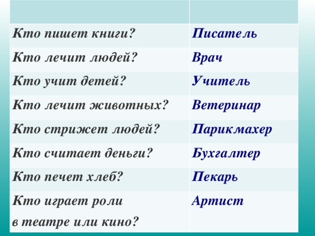 Кто пишет книги? Писатель Кто лечит людей? Врач Кто учит детей? Учитель Кто лечит животных? Ветеринар Кто стрижет людей? Парикмахер Кто считает деньги? Бухгалтер Кто печет хлеб? Кто играет роли в театре или кино? Пекарь Артист