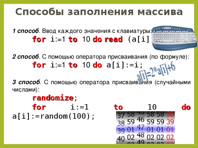 Способы заполнения массива 1 способ . Ввод каждого значения с клавиатуры:  for i :=1 to 10 do  read (a[i]); 2 способ . С помощью оператора присваивания (по формуле):  for i :=1 to 10 do a[i]:=i; 3 способ . С помощью оператора присваивания (случайными числами):  randomize ;  for i:=1 to 10 do a[i]:=random(100);