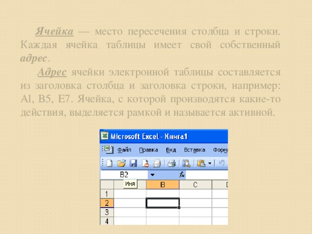 Ячейка — место пересечения столбца и строки. Каждая ячейка таблицы имеет свой собственный адрес .  Адрес ячейки электронной таблицы составляется из заголовка столбца и заголовка строки, например: Al, B5, E7. Ячейка, с которой производятся какие-то действия, выделяется рамкой и называется активной.