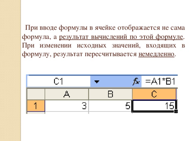 При вводе формулы в ячейке отображается не сама формула, а результат вычислений по этой формуле . При изменении исходных значений, входящих в формулу, результат пересчитывается немедленно .