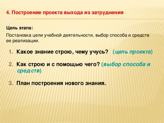 4. Построение проекта выхода из затруднения Цель этапа: Постановка цели учебной деятельности, выбор способа  и средств ее реализации. 1. Какое знание строю, чему учусь?  ( цель проекта ) 2. Как строю и с помощью чего? ( выбор способа и средств ) 3. План построения нового знания.