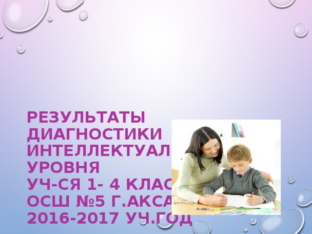 РЕЗУЛЬТАТЫ ДИАГНОСТИКИ ИНТЕЛЛЕКТУАЛЬНОГО УРОВНЯ  УЧ-СЯ 1- 4 КЛАССОВ  ОСШ №5 Г.АКСАЙ  2016-2017 УЧ.ГОД После этого слайда идут общие результаты диагностик по каждому классу в виде диаграмм.