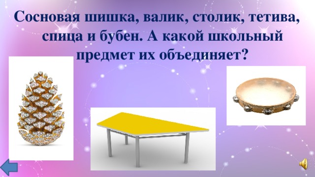 Сосновая шишка, валик, столик, тетива, спица и бубен. А какой школьный предмет их объединяет?