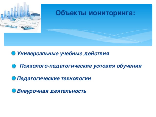 Объекты мониторинга:   Универсальные учебные действия   Психолого-педагогические условия обучения  Педагогические технологии  Внеурочная деятельность