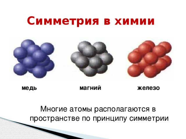 Симметрия в химии магний железо медь Многие атомы располагаются в  пространстве по принципу симметрии