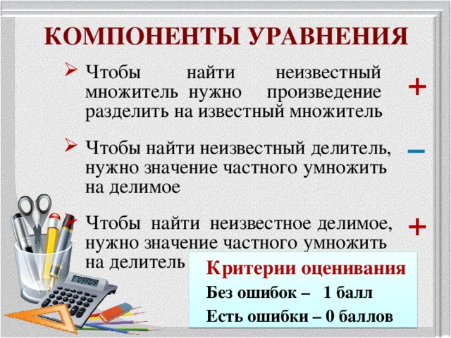 КОМПОНЕНТЫ УРАВНЕНИЯ Чтобы найти неизвестный множитель нужно произведение разделить на известный множитель Чтобы найти неизвестный делитель, нужно значение частного умножить  на делимое Чтобы найти неизвестное делимое, нужно значение частного умножить  на делитель + – + Критерии оценивания Без ошибок – 1 балл Есть ошибки – 0 баллов