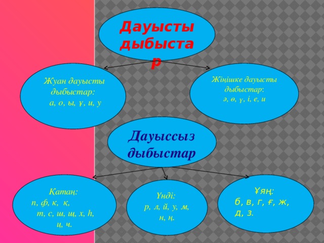 Дауысты дыбыстар Жіңішке  дауысты  дыбыстар :  Жуан дауысты дыбыстар:  а, о, ы, ұ, и, у ә, ө, ү, і, е, и Дауыссыз  дыбыстар Қатаң: Ұяң: б, в, г, ғ, ж, д, з. п, ф, к, қ, т, с, ш, щ, х, h, ц, ч. Үнді: р, л, й, у, м, н, ң.