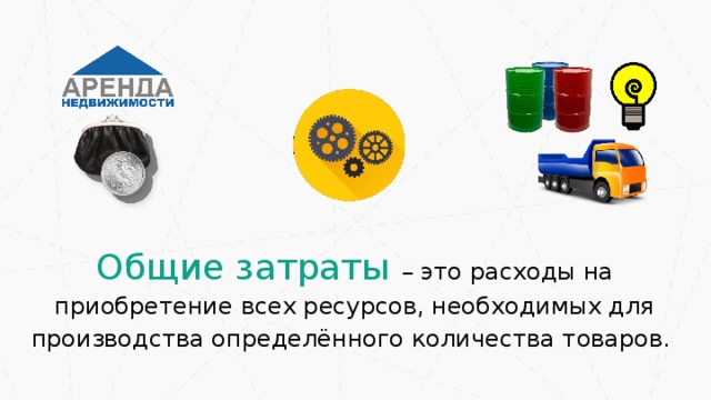 Общие затраты – это расходы на приобретение всех ресурсов, необходимых для производства определённого количества товаров. 23