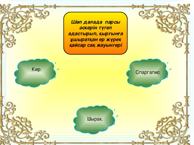 Шөл далада парсы әскерін түгел адастырып, қырғынға ұшыратқан ер жүрек қайсар сақ жауынгері Спаргапис  Кир Шырақ