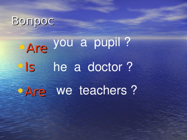 you a pupil ? Are Is he a doctor ? we teachers ?