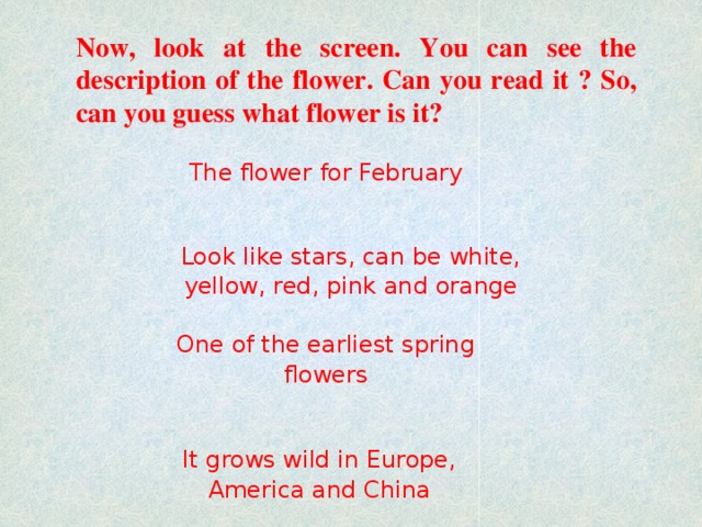 Now, look at the screen. You can see the description of the flower. Can you read it ? So, can you guess what flower is it? The flower for February Look like stars, can be white, yellow, red, pink and orange One of the earliest spring flowers It grows wild in Europe, America and China