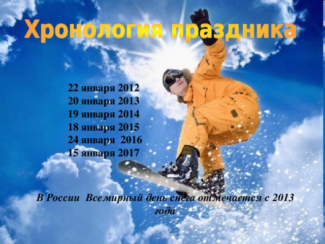 22 января 2012  20 января 2013  19 января 2014  18 января 2015  24 января 2016  15 января 2017 В России Всемирный день снега отмечается с 2013 года