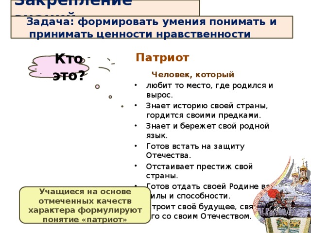 Закрепление знаний Задача: формировать умения понимать и принимать ценности нравственности  Патриот Кто это?  Человек, который любит то место, где родился и вырос. Знает историю своей страны, гордится своими предками. Знает и бережет свой родной язык. Готов встать на защиту Отечества. Отстаивает престиж свой страны. Готов отдать своей Родине все силы и способности. Строит своё будущее, связывая его со своим Отечеством.  Учащиеся на основе отмеченных качеств характера формулируют понятие «патриот»