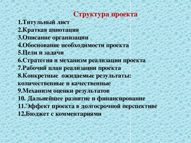 Структура проекта  1.Титульный лист  2.Краткая аннотация  3.Описание организации  4.Обоснование необходимости проекта  5.Цели и задачи  6.Стратегия и механизм реализации проекта  7.Рабочий план реализации проекта  8.Конкретные ожидаемые результаты:  количественные и качественные  9.Механизм оценки результатов  10. Дальнейшее развитие и финансирование  11.Эффект проекта в долгосрочной перспективе  12.Бюджет с комментариями