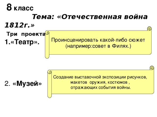 8 класс  Тема: «Отечественная война 1812г.»  Три проекта: «Театр». 2. «Музей» Проинсценировать какой-либо сюжет (например:совет в Филях.) Создание выставочной экспозиции рисунков, макетов оружия, костюмов , отражающих события войны.