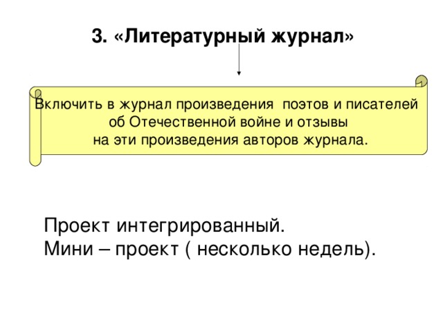 3. «Литературный журнал»  Проект интегрированный.  Мини – проект ( несколько недель). Включить в журнал произведения поэтов и писателей об Отечественной войне и отзывы  на эти произведения авторов журнала.