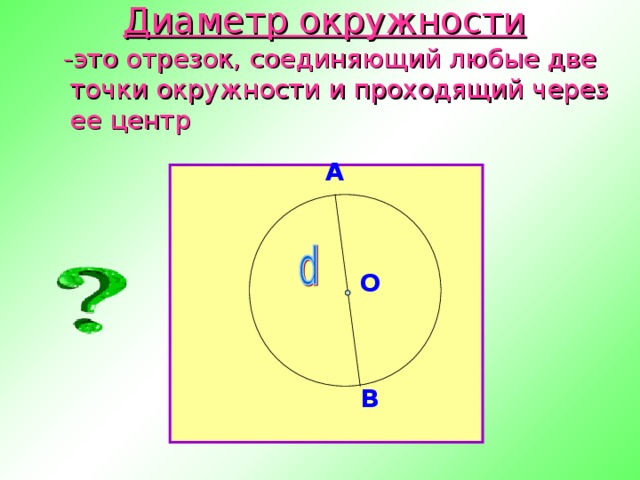 Диаметр окружности   -это отрезок, соединяющий любые две точки окружности и проходящий через ее центр А О В