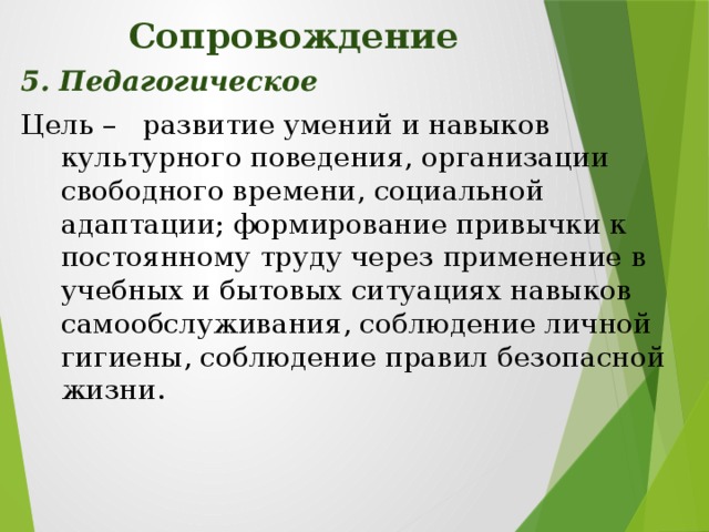 Сопровождение 5. Педагогическое Цель – развитие умений и навыков культурного поведения, организации свободного времени, социальной адаптации; формирование привычки к постоянному труду через применение в учебных и бытовых ситуациях навыков самообслуживания, соблюдение личной гигиены, соблюдение правил безопасной жизни.