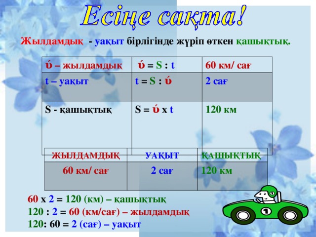 Жылдамдық - уақыт бірлігінде жүріп өткен қашықтық. ύ – жылдамдық  ύ  = S :  t t – уақыт 60 км/ сағ t = S  :  ύ S - қашықтық  S = ύ  х  t 2 сағ  120 км  ЖЫЛДАМДЫҚ 60 км/ сағ  УАҚЫТ ҚАШЫҚТЫҚ 2 сағ 120 км 60 х 2  =  120 (км) – қашықтық 120 : 2 =  60 (км/сағ) – жылдамдық 120 : 60 = 2 (сағ) – уақыт