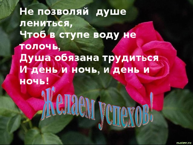 Не позволяй душе ленит ь ся,  Чтоб в ступе воду не толочь ,  Душа обязана трудит ь ся  И день и ночь ,  и день и ночь!