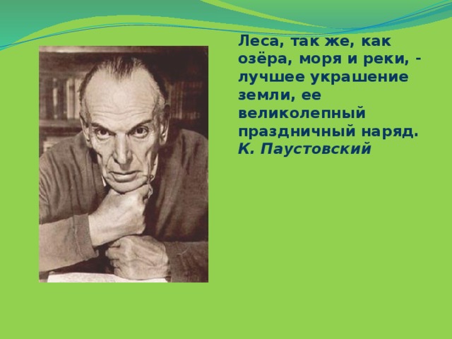 Леса, так же, как озёра, моря и реки, - лучшее украшение земли, ее великолепный праздничный наряд. К. Паустовский