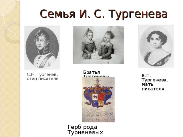 Семья И. С. Тургенева Братья Тургеневы С.Н. Тургенев, отец писателя В.П. Тургенева, мать писателя Герб рода Турненевых