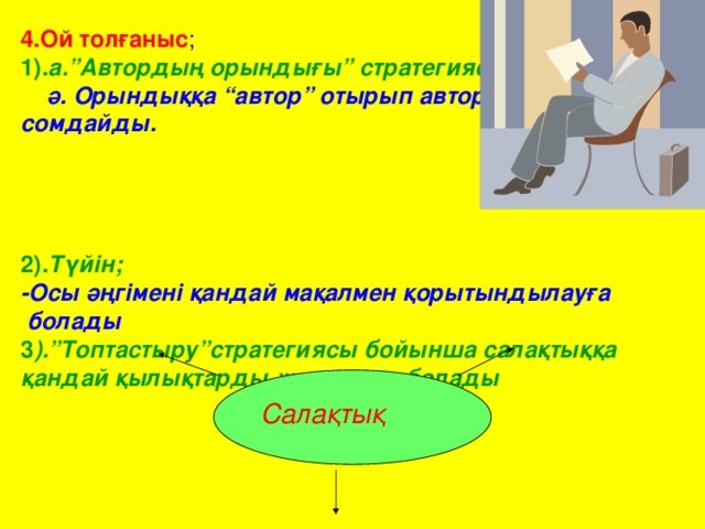 4.Ой толғаныс ; 1). а.”Автордың орындығы” стратегиясы .  ә. Орындыққа “автор” отырып автордың рөлін сомдайды.     2). Түйін; -Осы әңгімені қандай мақалмен қорытындылауға  болады 3 ).”Топтастыру”стратегиясы бойынша салақтыққа қандай қылықтарды жатқызуға болады Салақтық