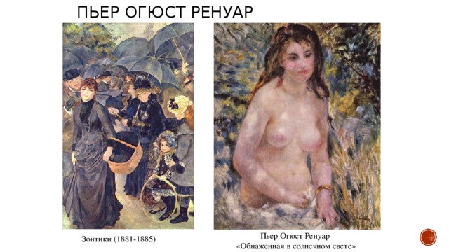 Пьер Огюст Ренуар Зонтики (1881-1885) Пьер Огюст Ренуар «Обнаженная в солнечном свете»