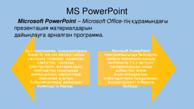 MS PowerPoint Бұл программа кодоскоптарға және 35 мм-лiк мөлдiр қабыр­шақтарға (пленка) арналған слайдтар, қағазда үлестiрiлетiн материалдар, компьютер экранында анимациялық көрiнiстердi бейнелей алатын тұсаукесерлерді дайындау мүмкiндiгiн бередi. Microsoft PowerPoint программасында баяндама немесе мекеменiң ашылу салтанаты т.с.с әртүрлi материалдарды оның дыбыстық және мультимедиалық мүмкiндiктерiн пайдаланып жандандырып жiберуге болады.  Microsoft PowerPoint  – Microsoft Office-тiң құрамындағы презентация материалдарын дайындауға арналған программа.