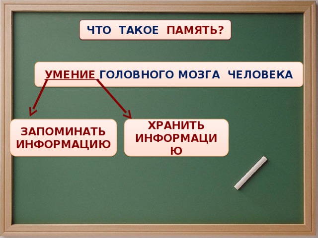 ЧТО ТАКОЕ ПАМЯТЬ? УМЕНИЕ  ГОЛОВНОГО МОЗГА ЧЕЛОВЕКА ЗАПОМИНАТЬ ХРАНИТЬ ИНФОРМАЦИЮ ИНФОРМАЦИЮ